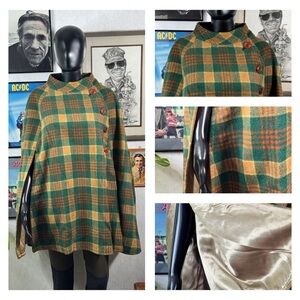 Vintage Plaid Wool Cape Coat – Green Gold Poncho Side Slits & Satin Lining